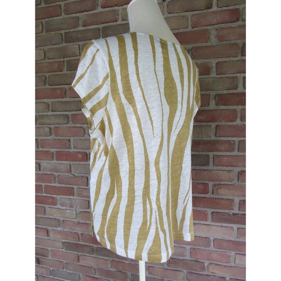 Tan White Zebra Animal Print Cap Sleeve Blouse 100% Linen Tahari Size M - Picture 12 of 16